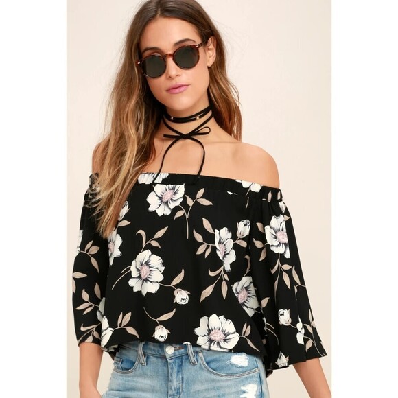 LULUS Light Of Dawn Black Cream Floral Print Off-the-Shoulder Summer Top Size XS - Picture 1 of 9